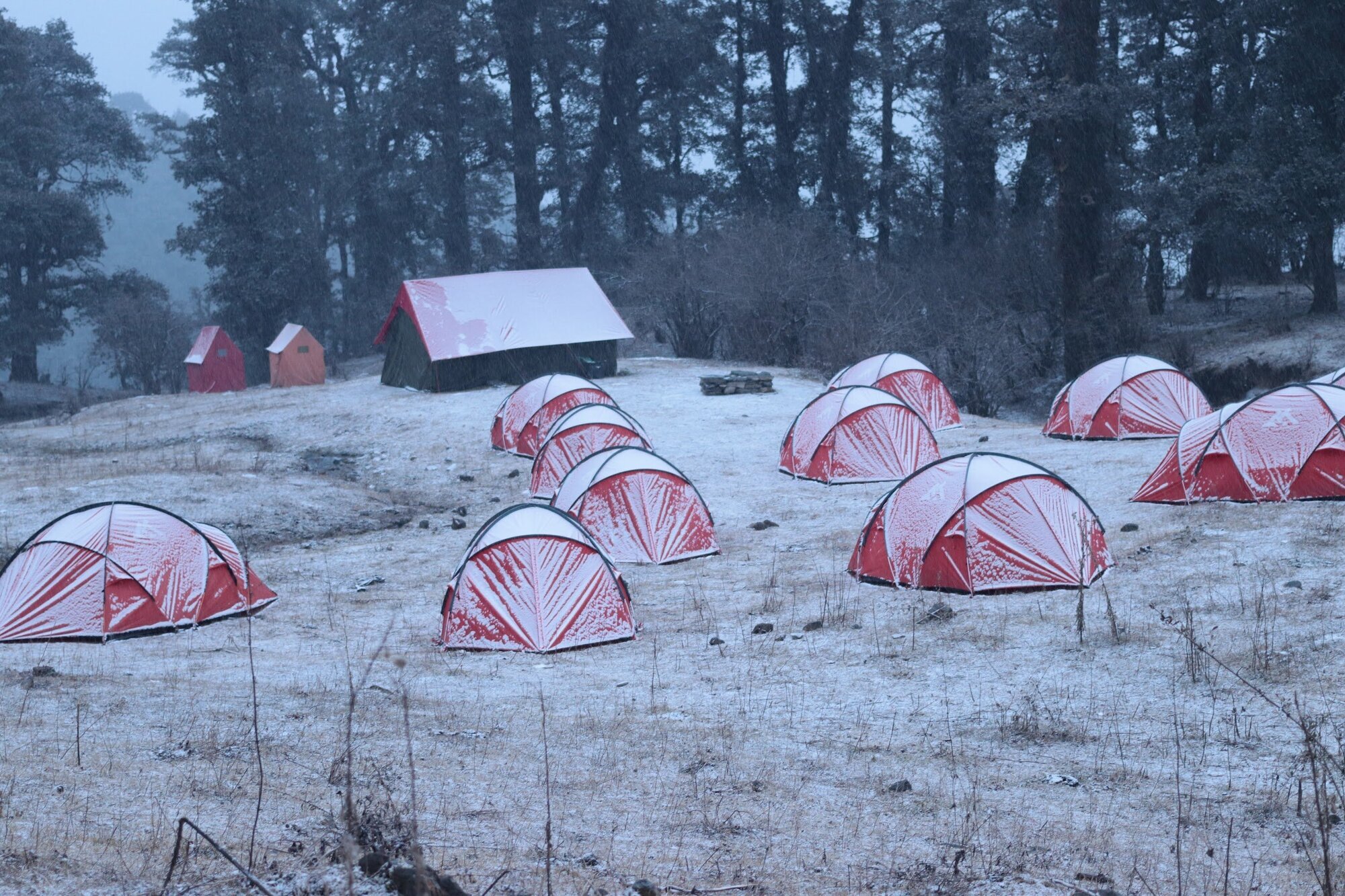 Snow fell in the evening, and we shivered inside the tents