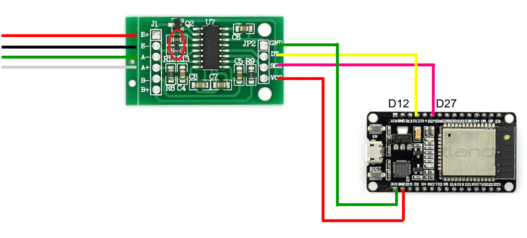 HX711 -> ESP32 connection diagram (WARNING! Please ensure that the 3.3V and GND are connected correctly, they are WRONGLY swapped in the image)